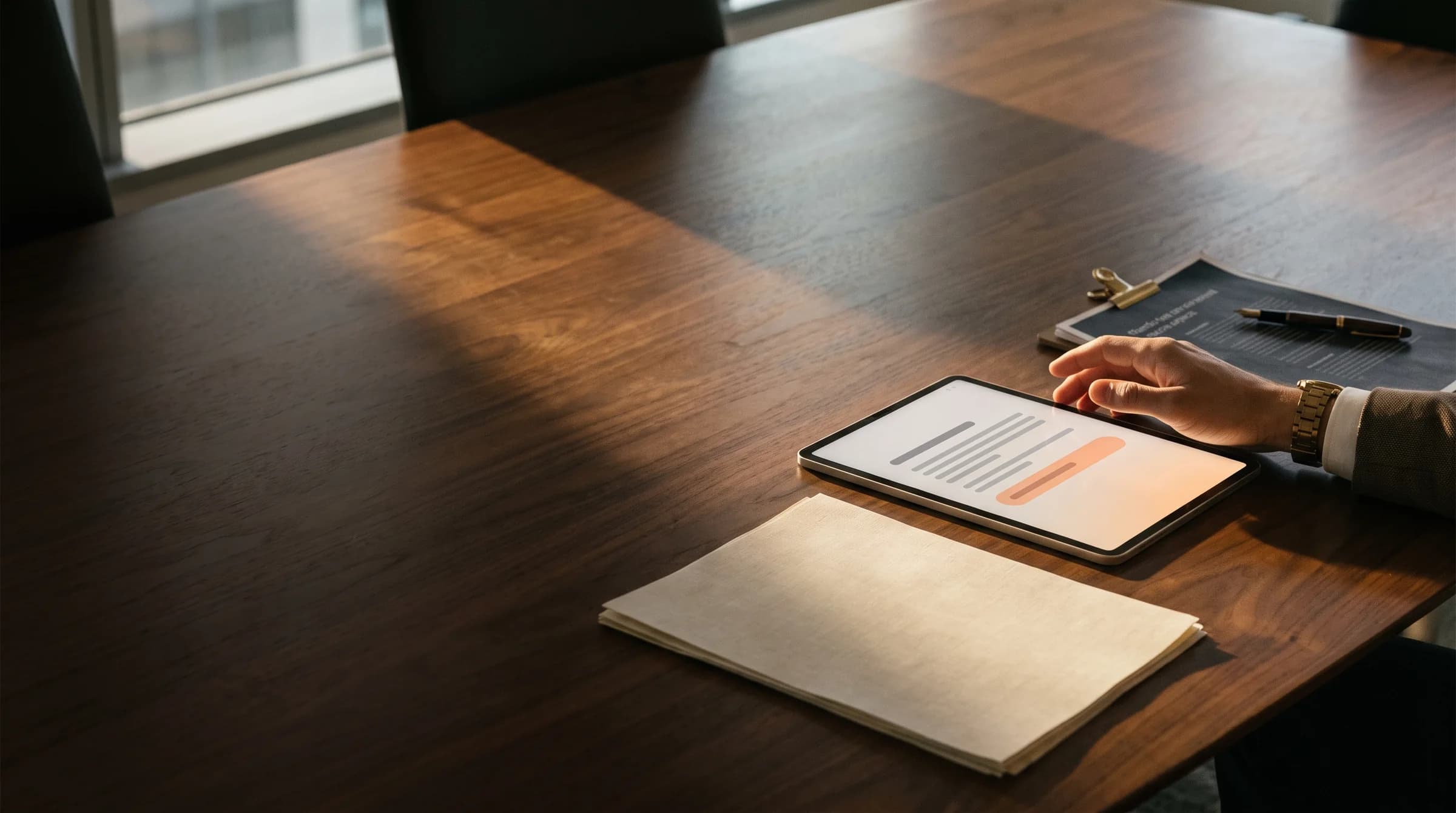 An executive selecting an answer on a tablet at a walnut boardroom table, beside a printed report