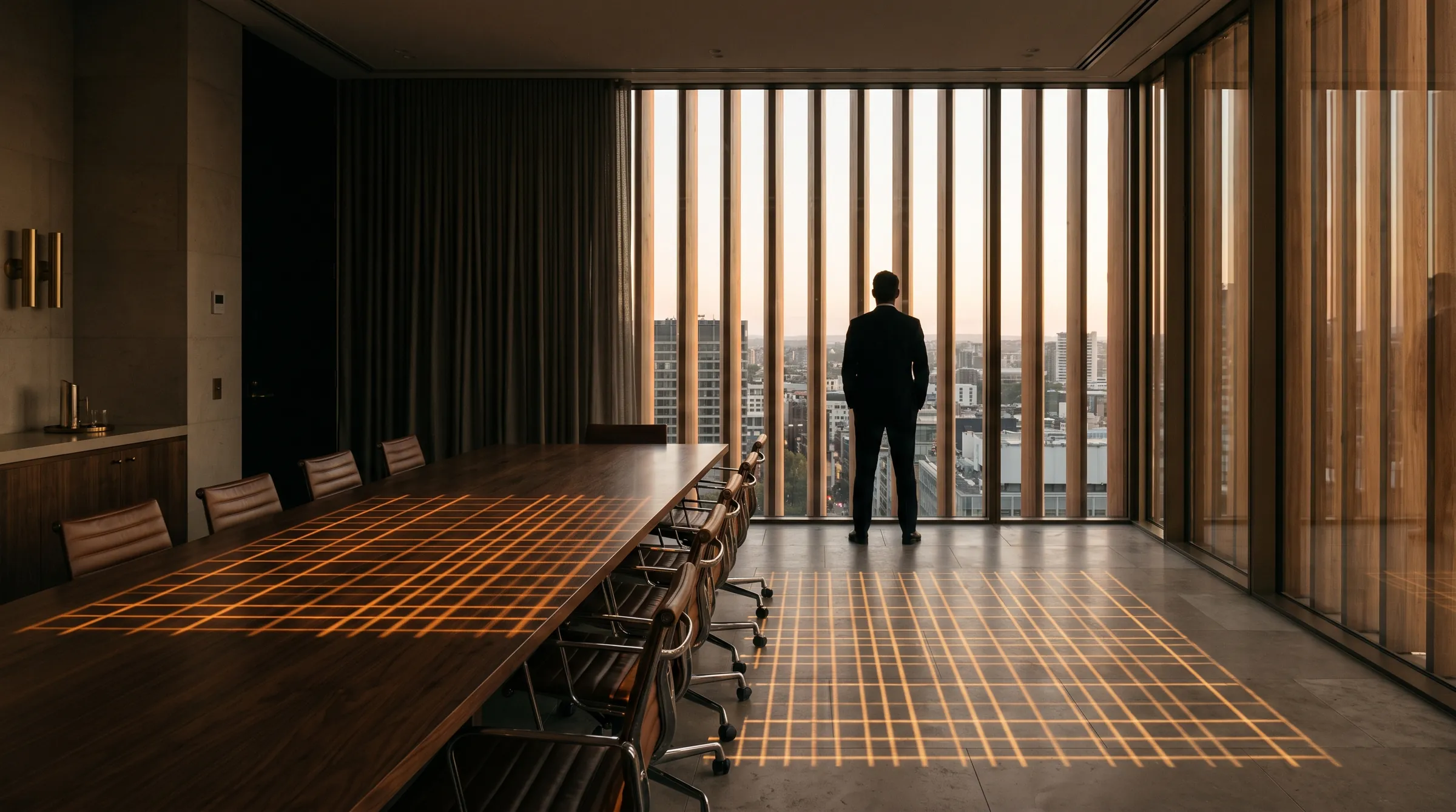 An empty boardroom at dusk, a grid of window light across the table, with one executive at the window